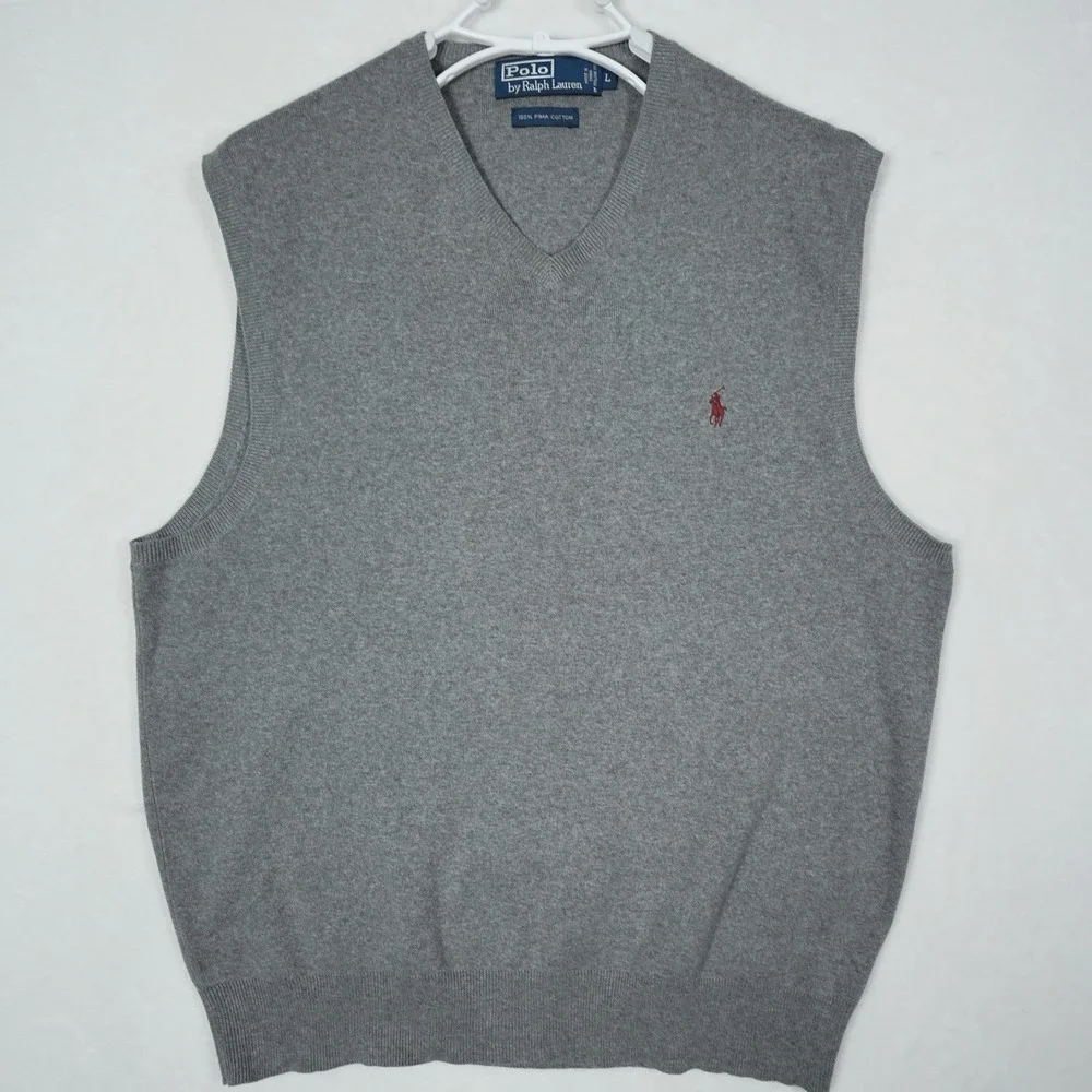 Polo Ralph Lauren Mens Large Grey Pima Cotton V-Neck Sweater Vest Maroon Pony